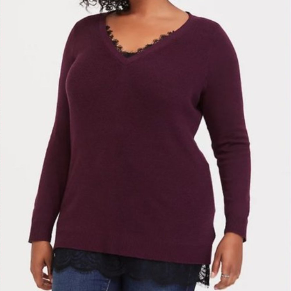 Torrid V Neck Eyelash Lace Trim Longline L/S Tunic Knit Sweater